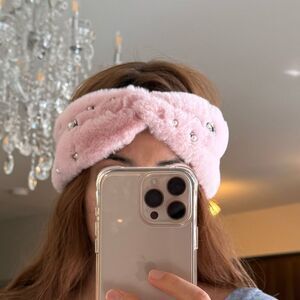 Natasha pink fuzzy rhinestone knit winter headband